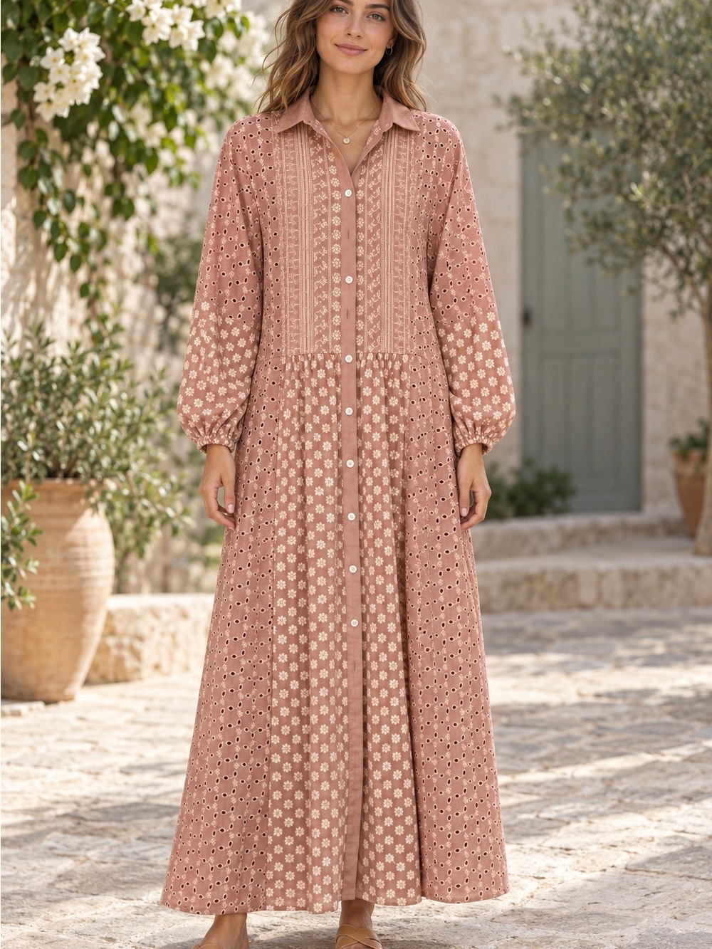 Zara Dusty Rose Embroidered Eyelet Button-Front Long Dress – XS